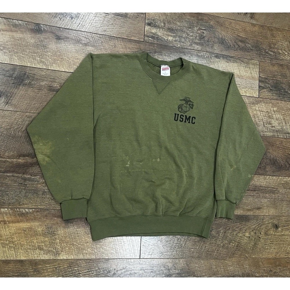 Vintage 90s USMC Logo Crewneck Sweatshirt Made‎ In USA Olive Green Large